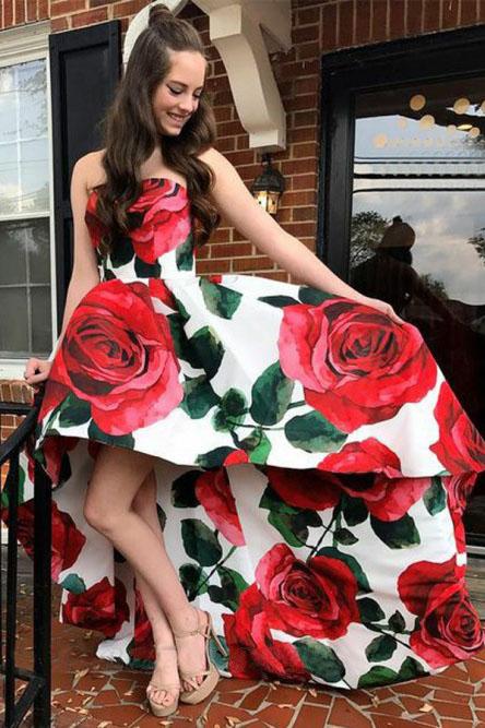 A Line Strapless High Low Red Rose ...